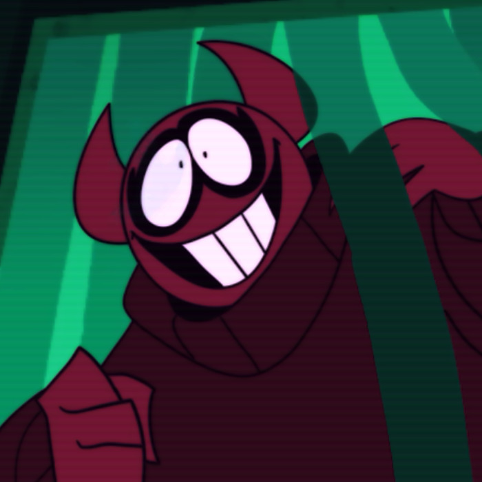 an image of Bob Velseb from Spooky Month. He is wearing his typical devil costume, which entails a red mask with devil horns and a darker red sweater.