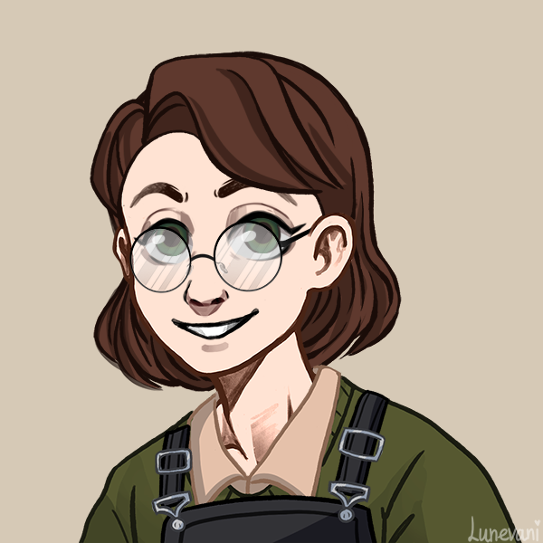 A dollmaker image representing Caspian. He has pale skin, medium length brown hair in a short bob haircut, and green eyes. He is wearing a green shirt and denim overalls. He is also wearing circular glasses.
